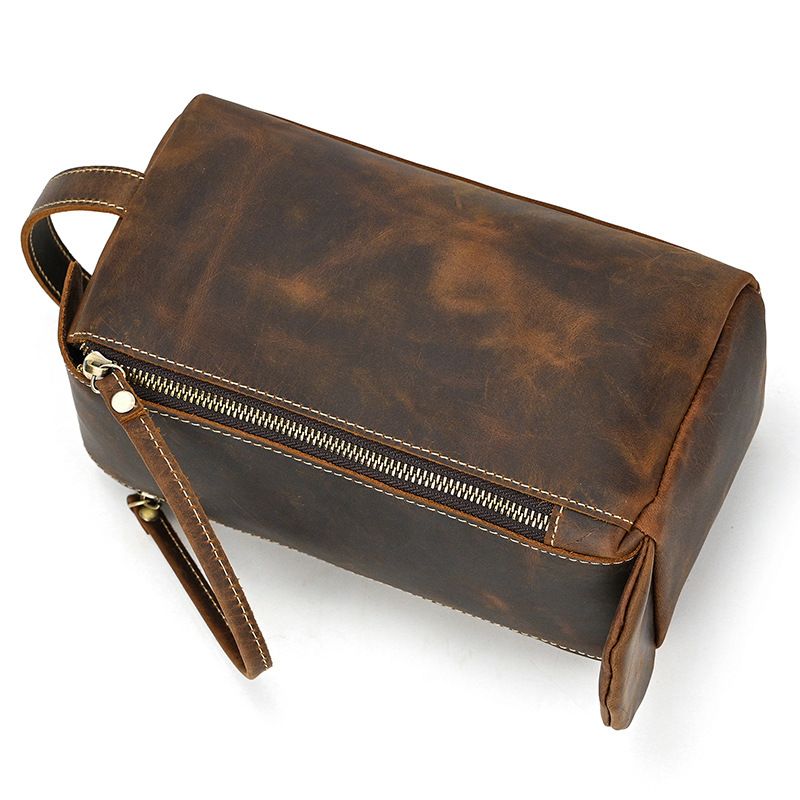 Vintage Full-Grain Leather Toiletry Bag for Men – Crazy Horse Leather Travel Dopp Kit