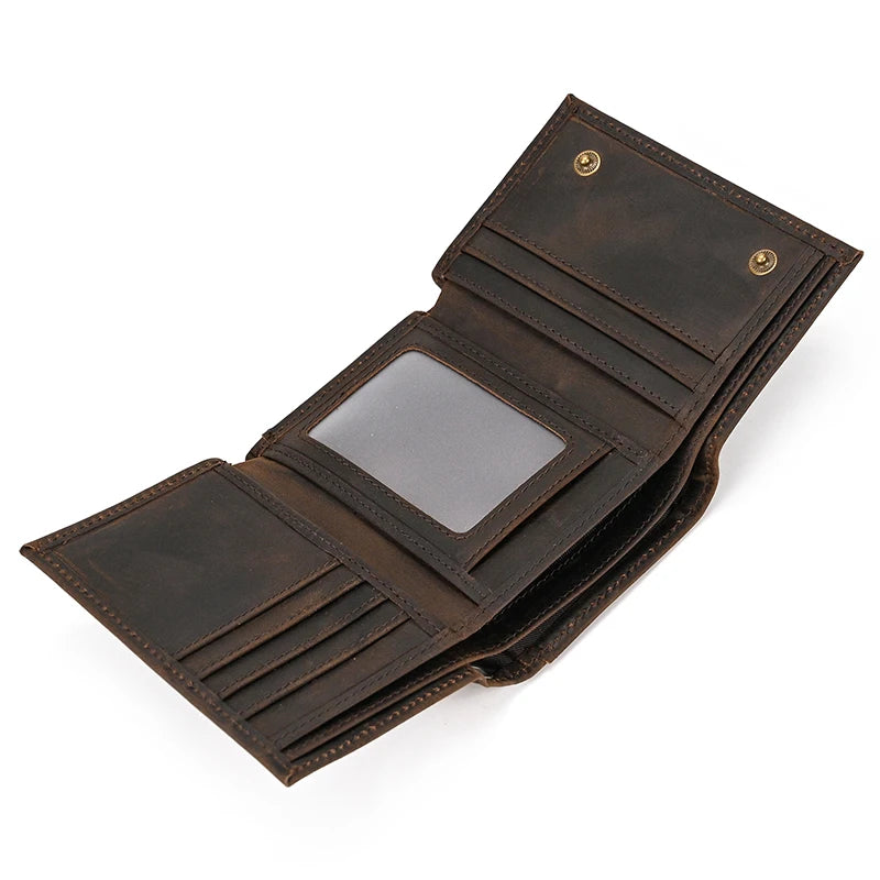 Mens Handmade Leather Trifold Wallet with Chain