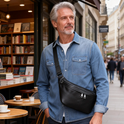 Compact Black Leather Crossbody Bag Fanny Pack