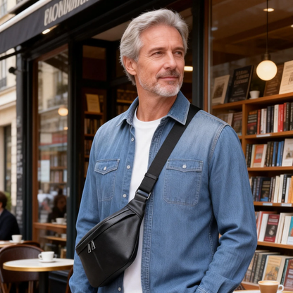 Compact Black Leather Crossbody Bag Fanny Pack