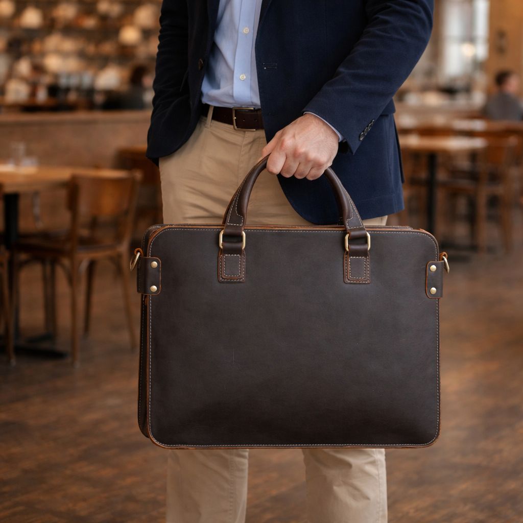 Men's Leather Laptop Briefcase - Premium Business Bag with Anti-Theft Pocket