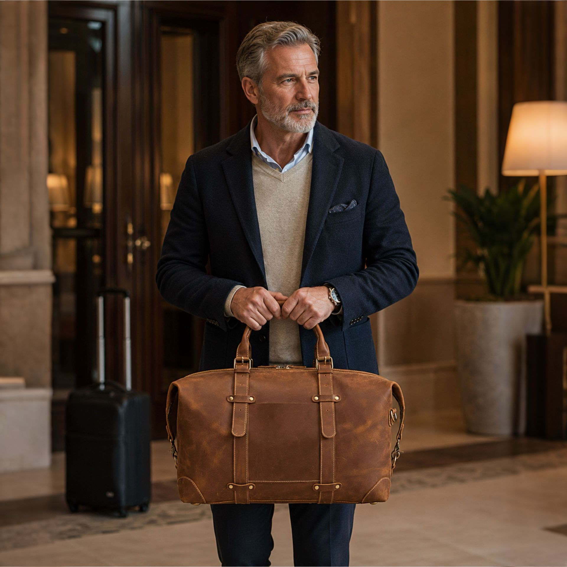 Man holding a brown leather duffle bag in a hotel lobby