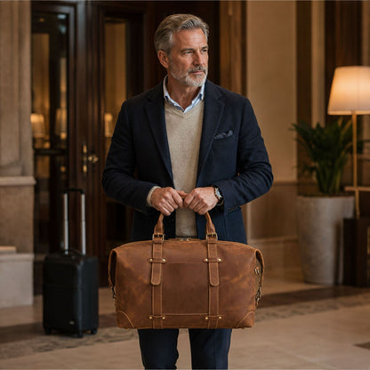 Man holding a brown leather duffle bag in a hotel lobby
