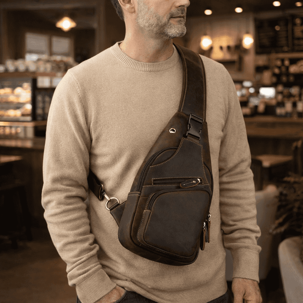 Men's Leather Crossbody Bag with USB Charging Port - Premium Cowhide Sling Bag