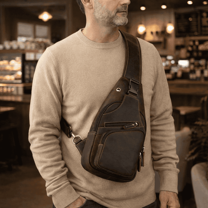 Men's Leather Crossbody Bag with USB Charging Port - Premium Cowhide Sling Bag