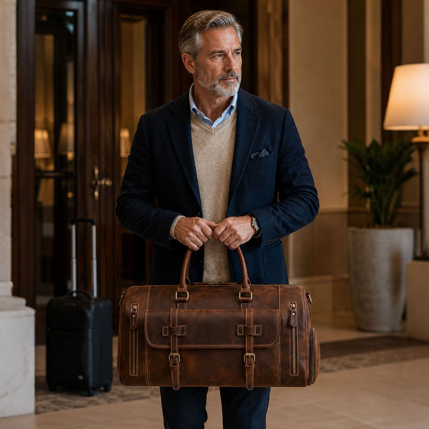 Man holding a brown leather duffel bag in a hotel lobby.