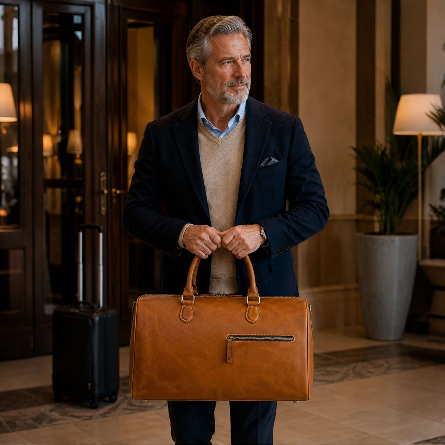 Man holding a brown leather weekend bag in a hotel lobby.