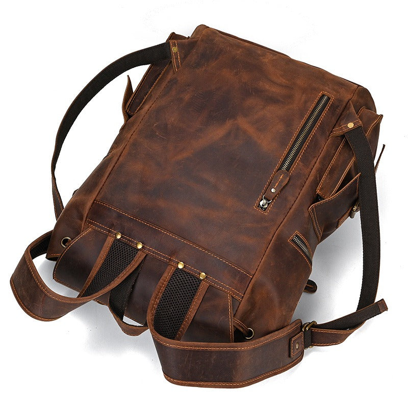 brown leather multi-pocket backpack diophy leather Multifunction Backpack – DHM bags
