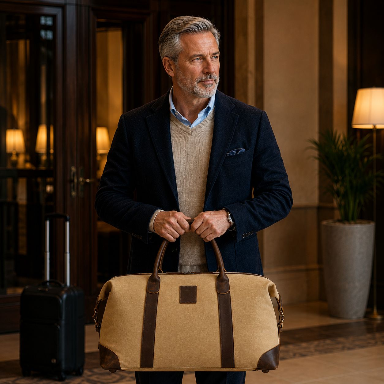 Man holding a beige duffel bag in an indoor setting