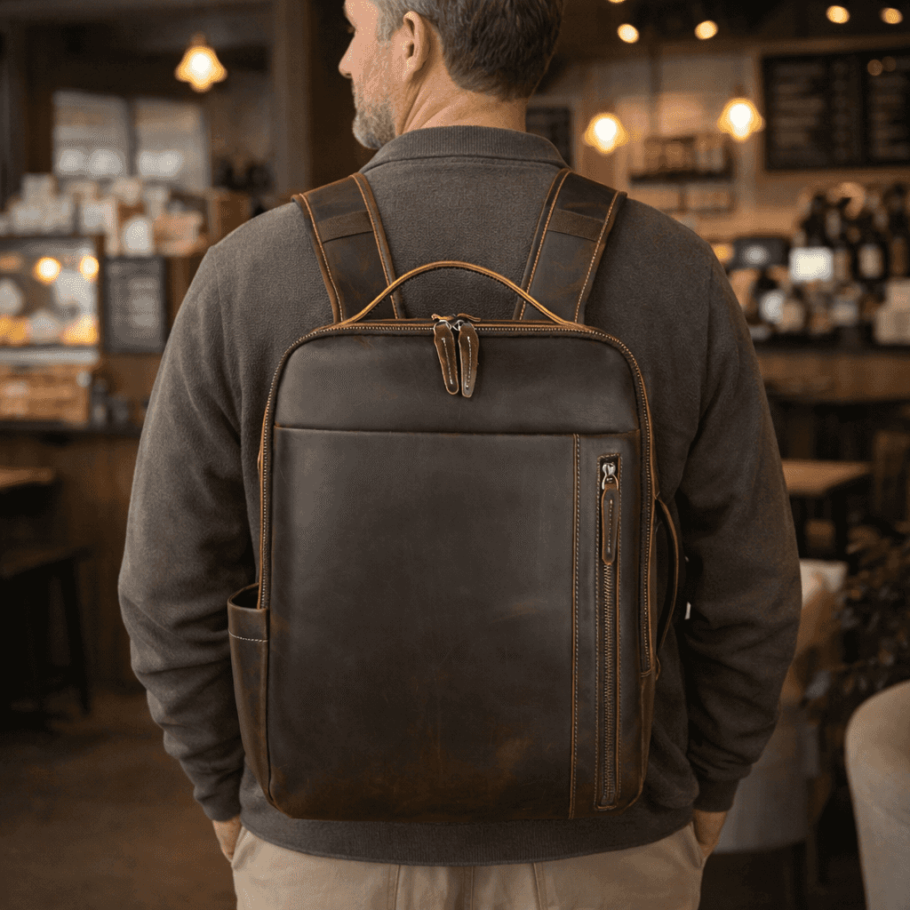 Fashion Men's Full-Grain Leather Laptop Backpack