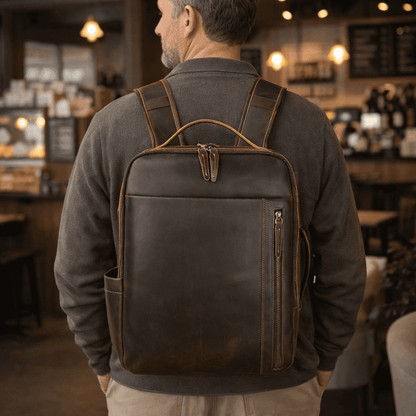 Fashion Men's Full-Grain Leather Laptop Backpack