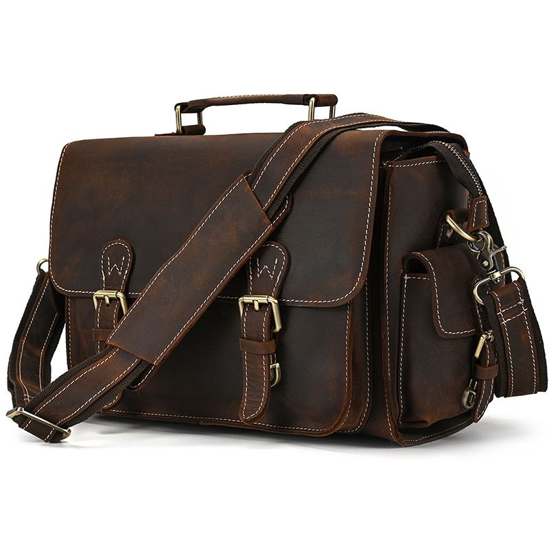 Full Grain Leather Camera Messenger Bag for Men – Vintage DSLR Camera Bag with Removable Insert & Anti-Theft Pocket