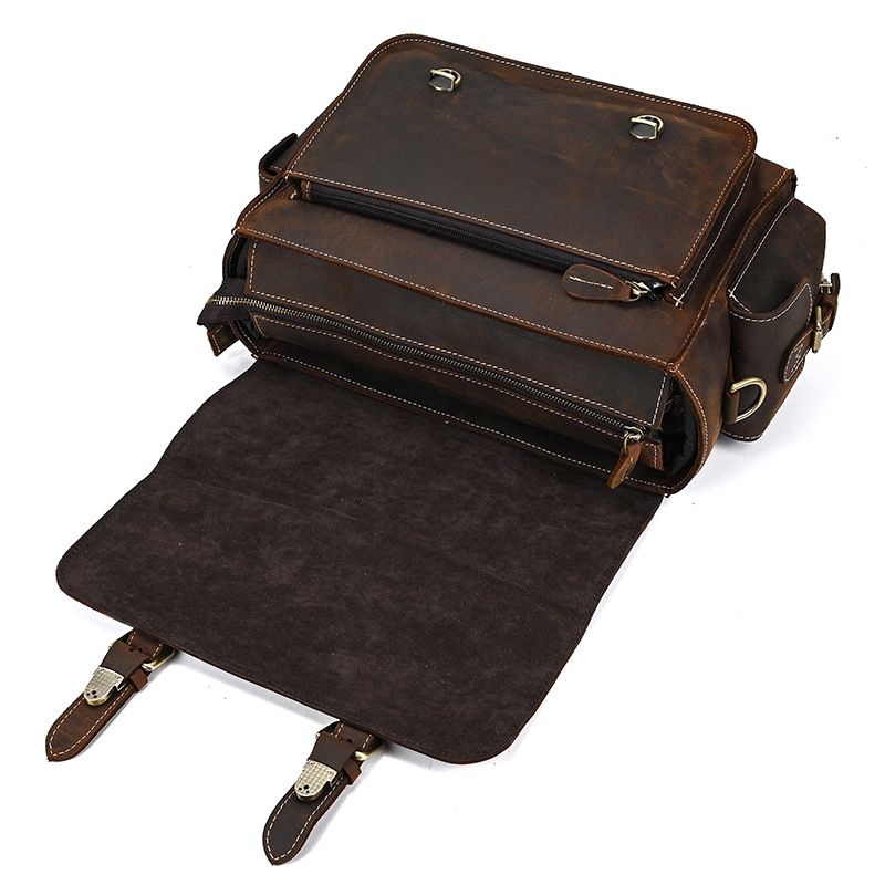 Full Grain Leather Camera Messenger Bag for Men – Vintage DSLR Camera Bag with Removable Insert & Anti-Theft Pocket