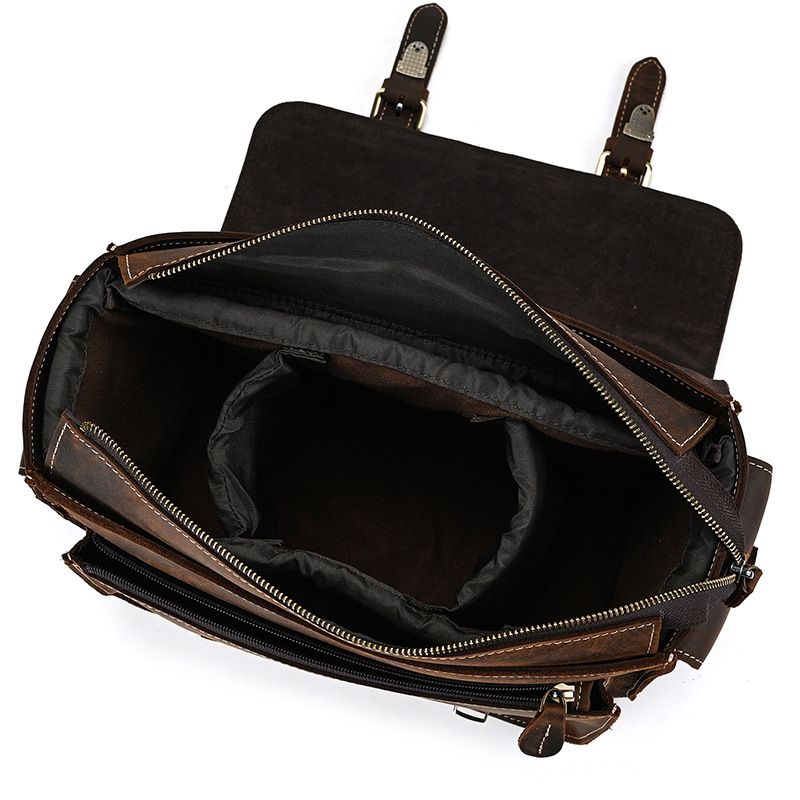 Full Grain Leather Camera Messenger Bag for Men – Vintage DSLR Camera Bag with Removable Insert & Anti-Theft Pocket