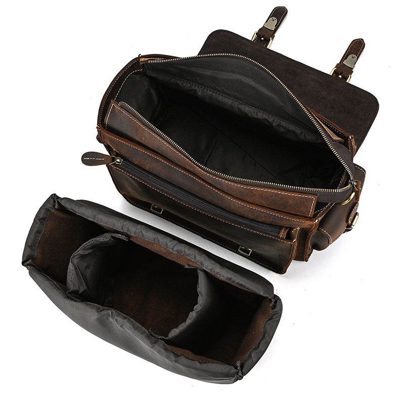Full Grain Leather Camera Messenger Bag for Men – Vintage DSLR Camera Bag with Removable Insert & Anti-Theft Pocket