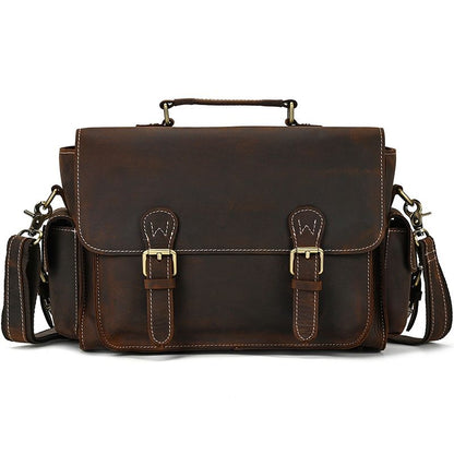 Full Grain Leather Camera Messenger Bag for Men – Vintage DSLR Camera Bag with Removable Insert & Anti-Theft Pocket