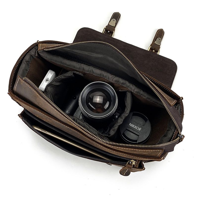 Full Grain Leather Camera Messenger Bag for Men – Vintage DSLR Camera Bag with Removable Insert & Anti-Theft Pocket