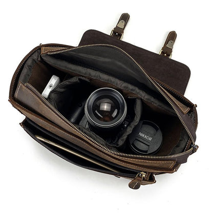 Full Grain Leather Camera Messenger Bag for Men – Vintage DSLR Camera Bag with Removable Insert & Anti-Theft Pocket