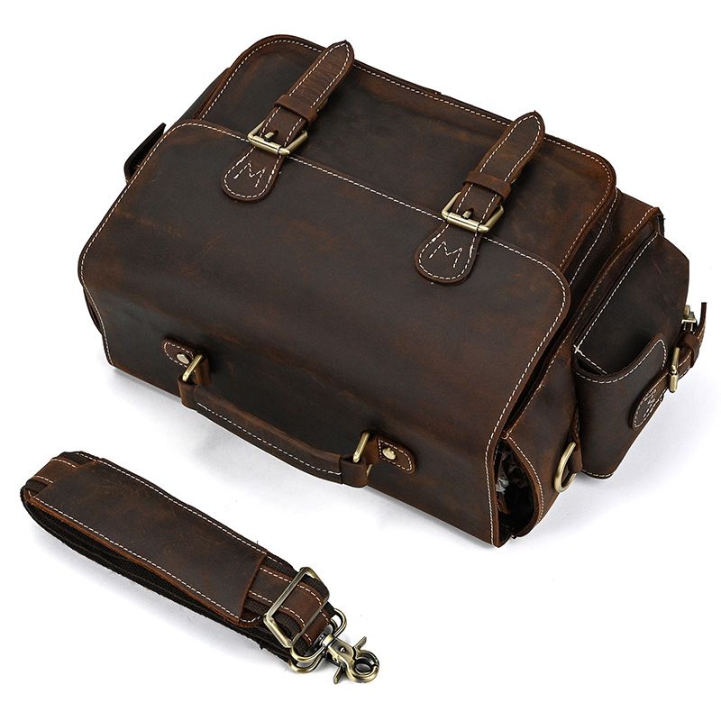 Full Grain Leather Camera Messenger Bag for Men – Vintage DSLR Camera Bag with Removable Insert & Anti-Theft Pocket
