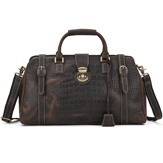 Full Grain Leather Crocodile Pattern Duffle Bag for Men – Vintage Weekender Travel Bag with 13.3" Laptop & 12.9" iPad Compartment, Anti-Theft Pocket