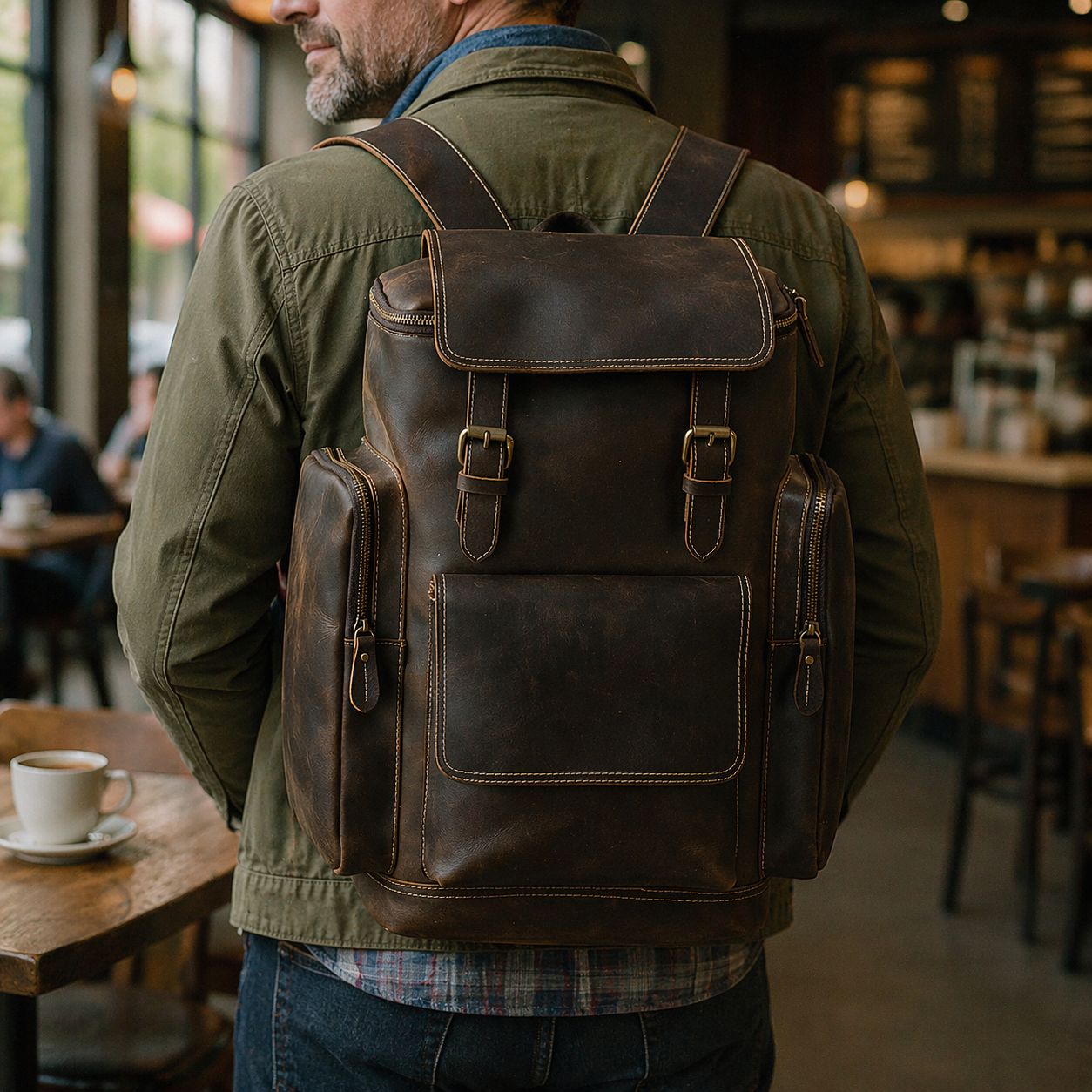 Full Grain Leather Backpack for Men 15 Inch Laptop | Vintage Leather Rucksack with Anti-Theft Pocket | Large Capacity Travel & Work Backpack