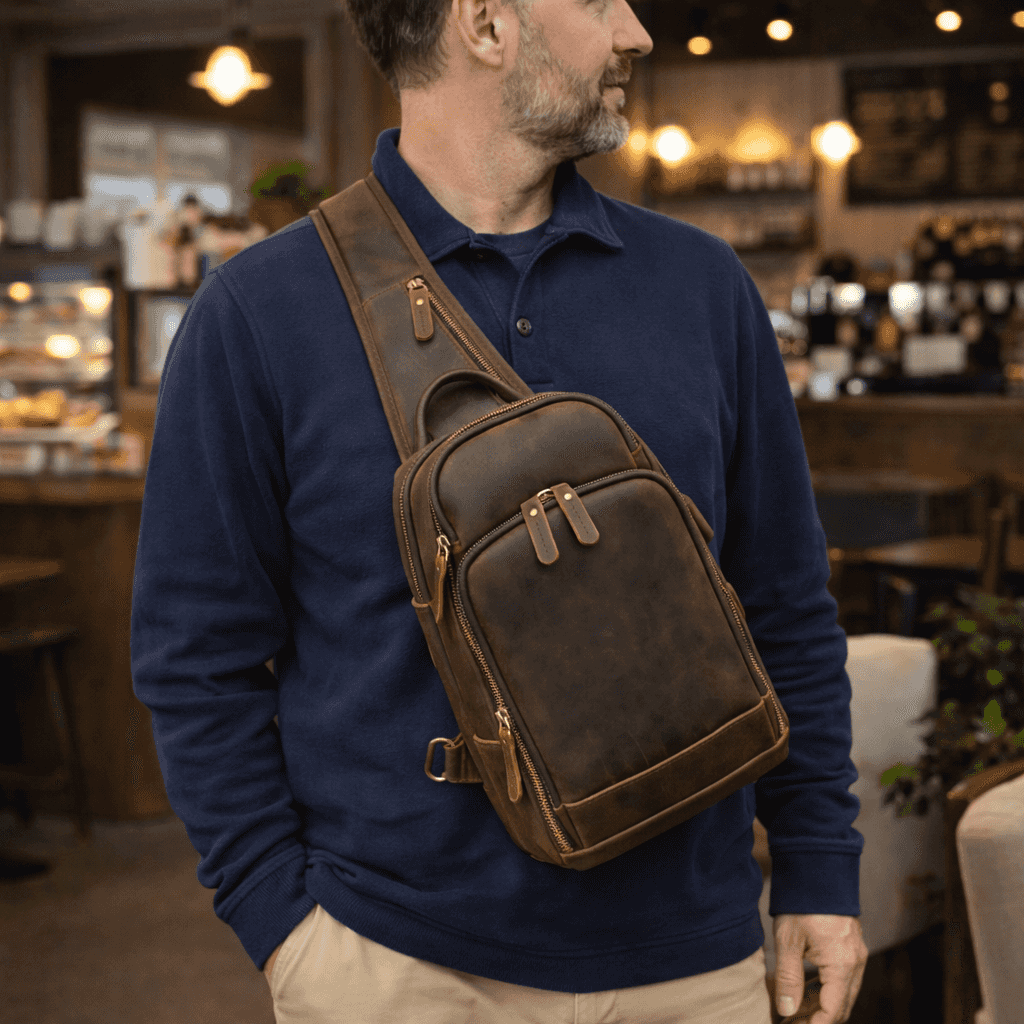 Handmade Mens Leather Sling Bag Fanny Pack