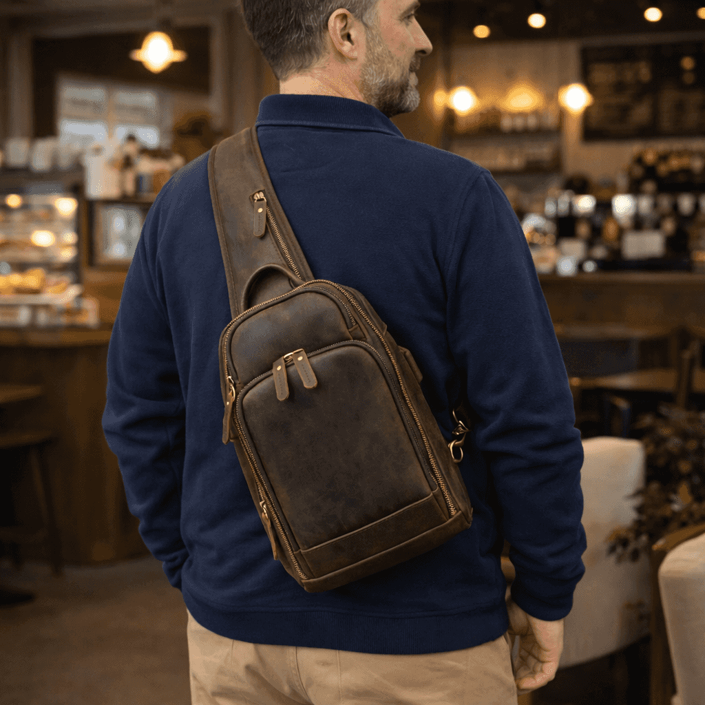 Handmade Mens Leather Sling Bag Fanny Pack