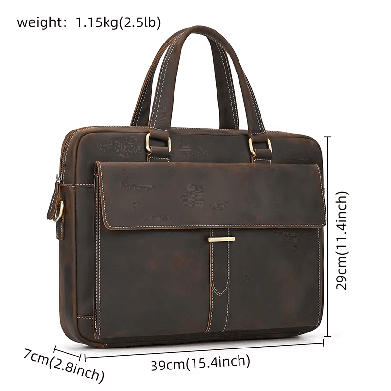 Men's Full Grain Leather Briefcase – Vintage Leather Laptop Bag Fits 15 Inch Laptop, Leather Business Messenger Bag for Work and Travel