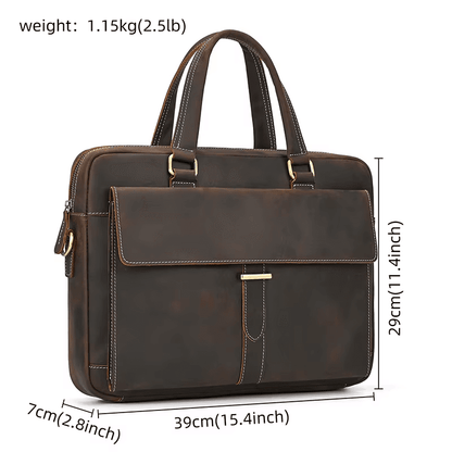 Men's Full Grain Leather Briefcase – Vintage Leather Laptop Bag Fits 15 Inch Laptop, Leather Business Messenger Bag for Work and Travel