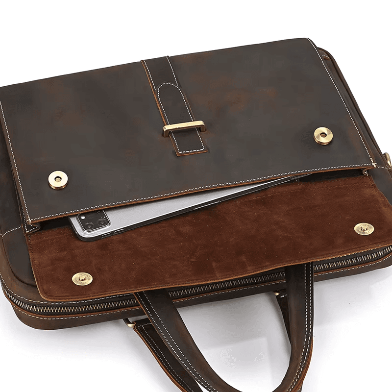 Men's Full Grain Leather Briefcase – Vintage Leather Laptop Bag Fits 15 Inch Laptop, Leather Business Messenger Bag for Work and Travel