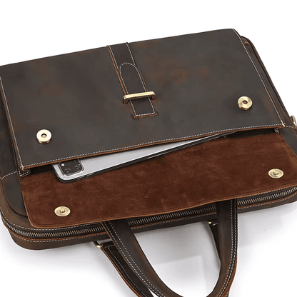 Men's Full Grain Leather Briefcase – Vintage Leather Laptop Bag Fits 15 Inch Laptop, Leather Business Messenger Bag for Work and Travel