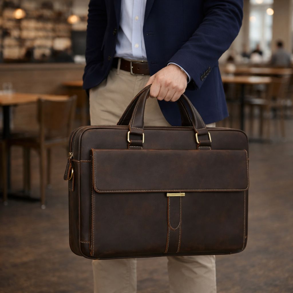 Men's Full Grain Leather Briefcase – Vintage Leather Laptop Bag Fits 15 Inch Laptop, Leather Business Messenger Bag for Work and Travel