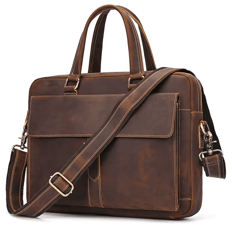 Men's Full Grain Leather Briefcase – Vintage Leather Laptop Bag Fits 15 Inch Laptop, Leather Business Messenger Bag for Work and Travel