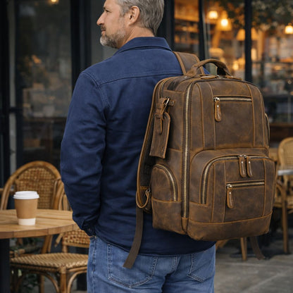 Men’s Full Grain Leather Laptop Backpack – Vintage Leather Business Backpack Fits 15.6 Inch Laptop, Leather Travel Backpack for Work and Travel