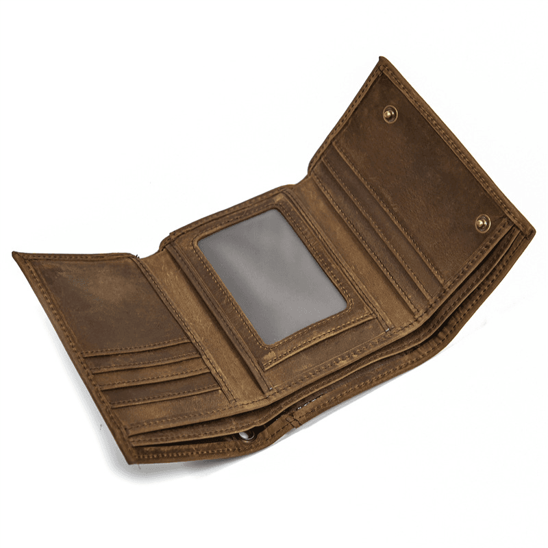 Mens Handmade Leather Trifold Wallet with Chain