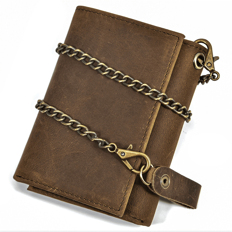 Mens Handmade Leather Trifold Wallet with Chain