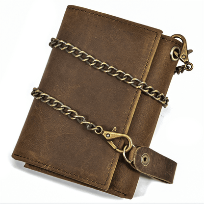 Mens Handmade Leather Trifold Wallet with Chain