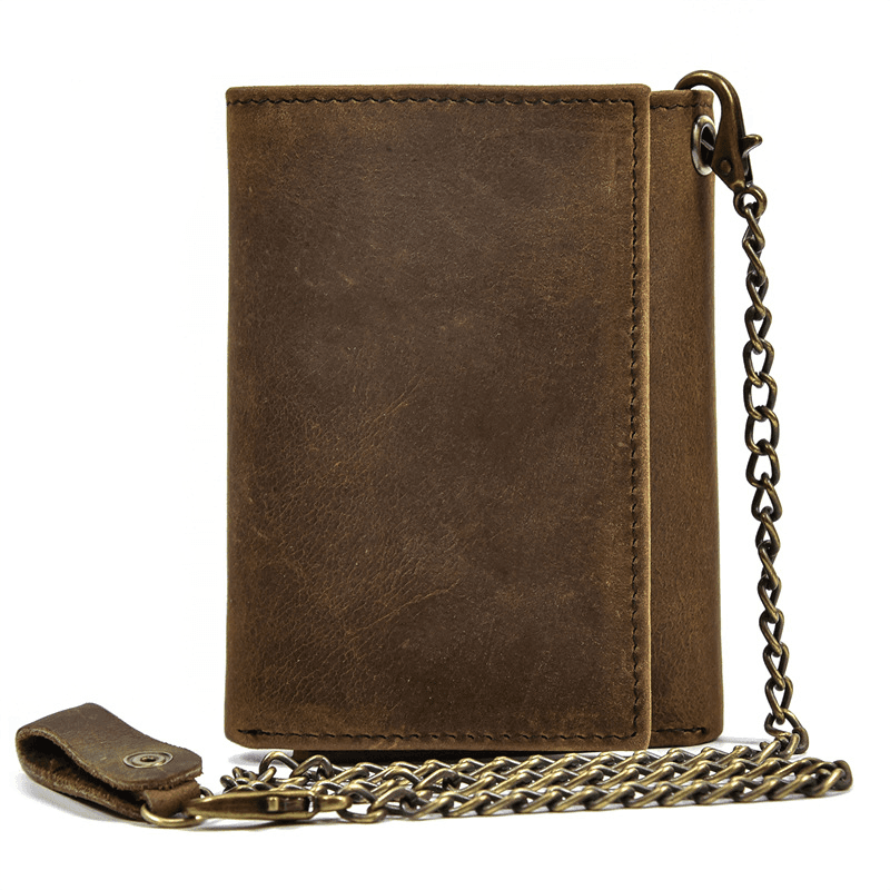 Mens Handmade Leather Trifold Wallet with Chain