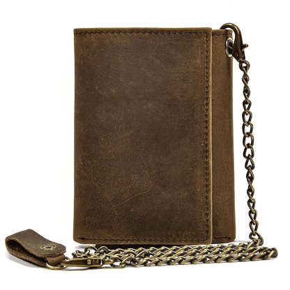 Mens Handmade Leather Trifold Wallet with Chain