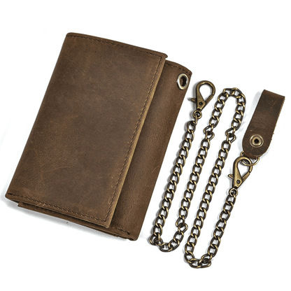 Mens Handmade Leather Trifold Wallet with Chain