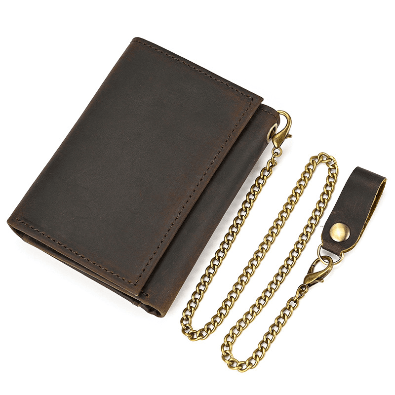 Mens Handmade Leather Trifold Wallet with Chain