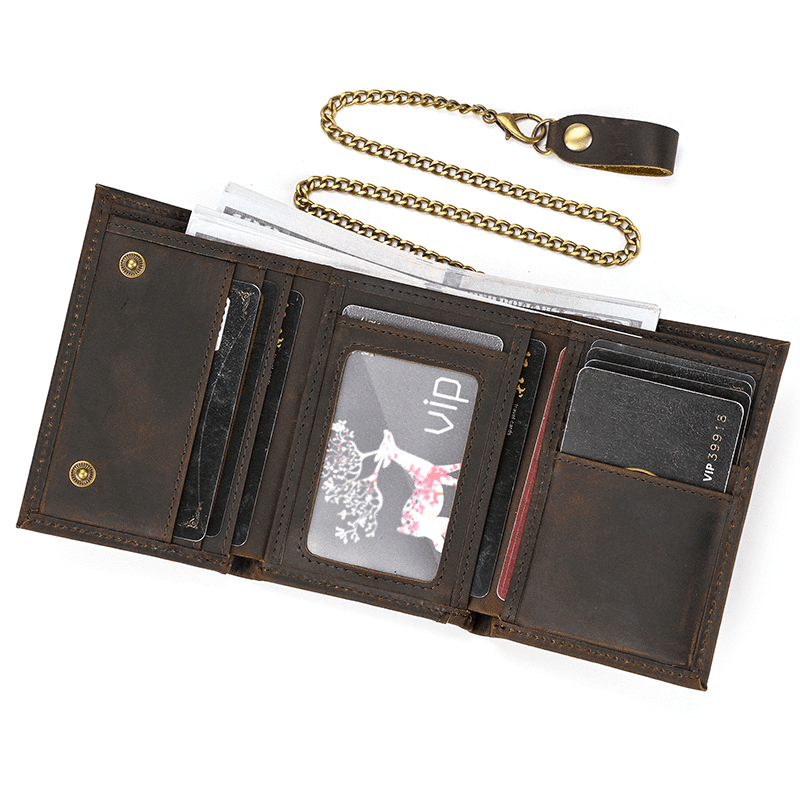 Mens Handmade Leather Trifold Wallet with Chain