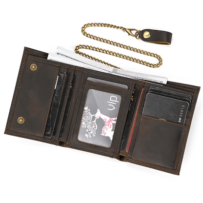 Mens Handmade Leather Trifold Wallet with Chain