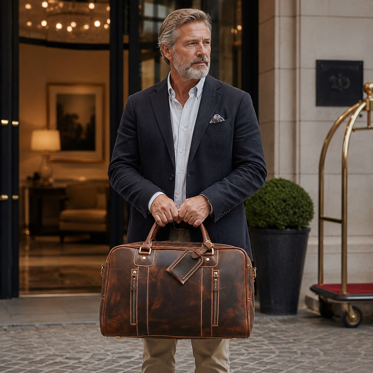 Man holding a brown leather travel bag in a hotel lobby