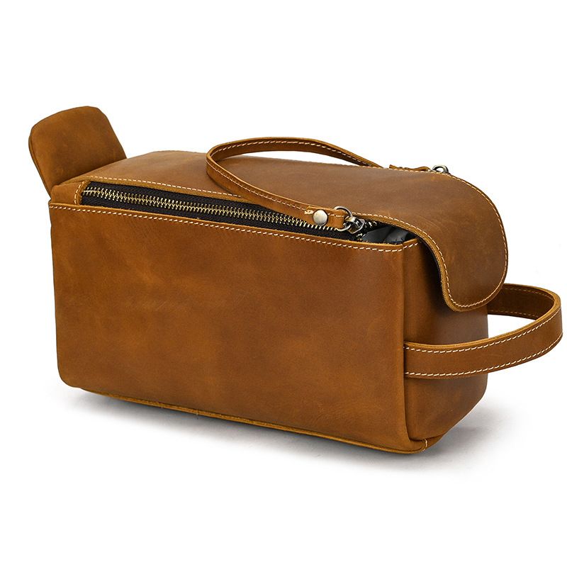 Vintage Full-Grain Leather Toiletry Bag for Men – Crazy Horse Leather Travel Dopp Kit