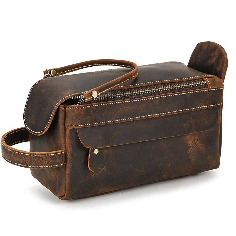 Vintage Full-Grain Leather Toiletry Bag for Men – Crazy Horse Leather Travel Dopp Kit