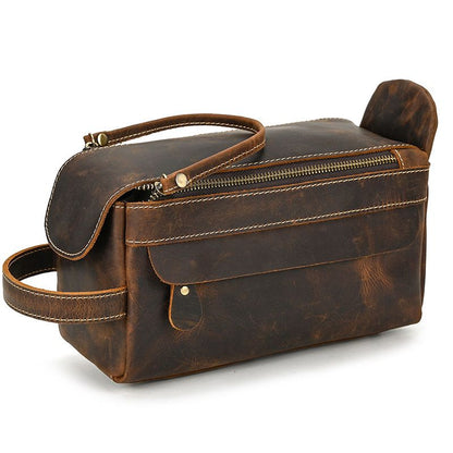 Vintage Full-Grain Leather Toiletry Bag for Men – Crazy Horse Leather Travel Dopp Kit