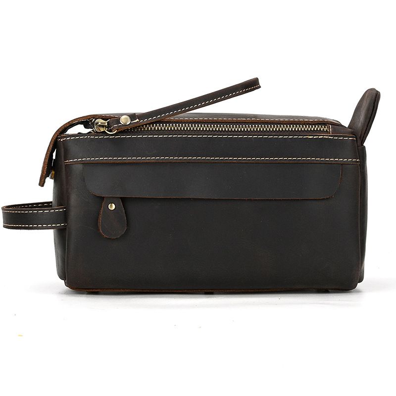 Vintage Full-Grain Leather Toiletry Bag for Men – Crazy Horse Leather Travel Dopp Kit