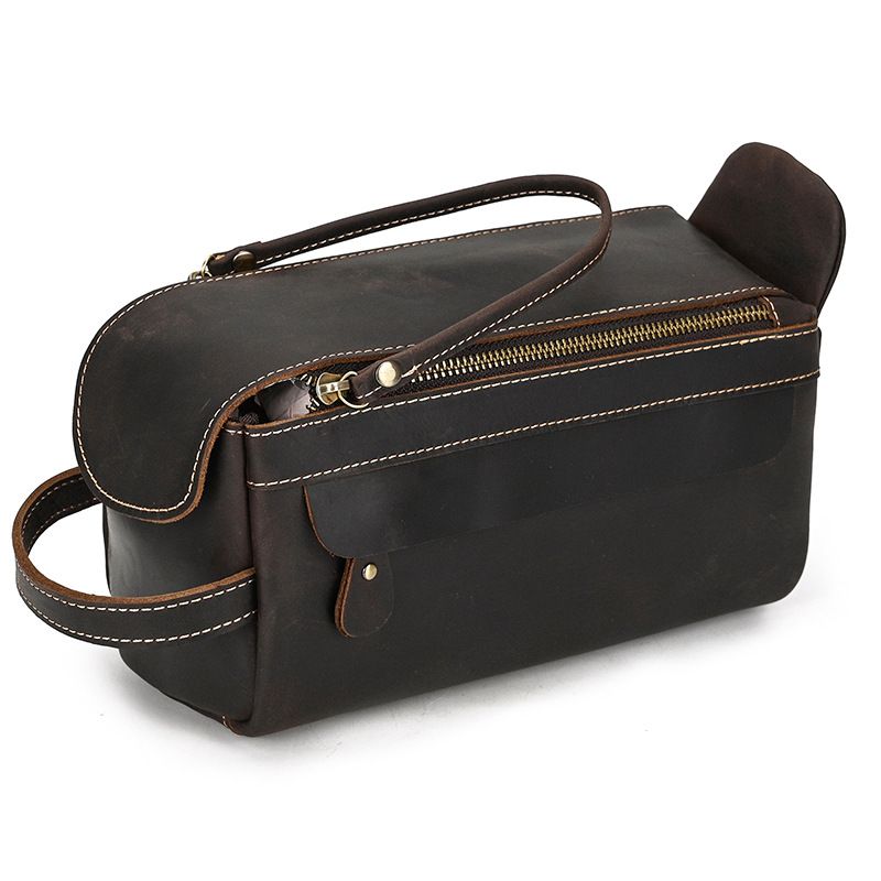 Vintage Full-Grain Leather Toiletry Bag for Men – Crazy Horse Leather Travel Dopp Kit