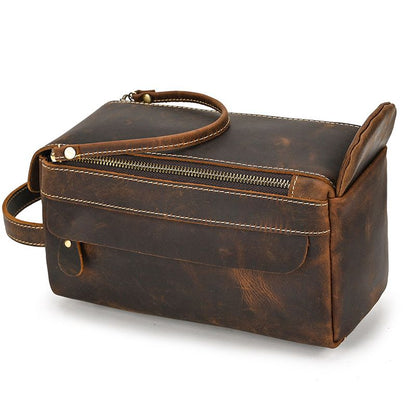 Vintage Full-Grain Leather Toiletry Bag for Men – Crazy Horse Leather Travel Dopp Kit